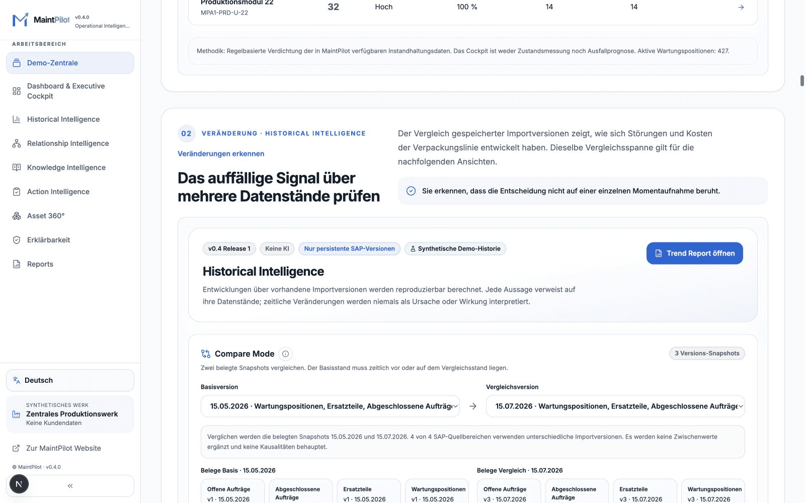 Historical Intelligence mit Trends über mehrere Importversionen