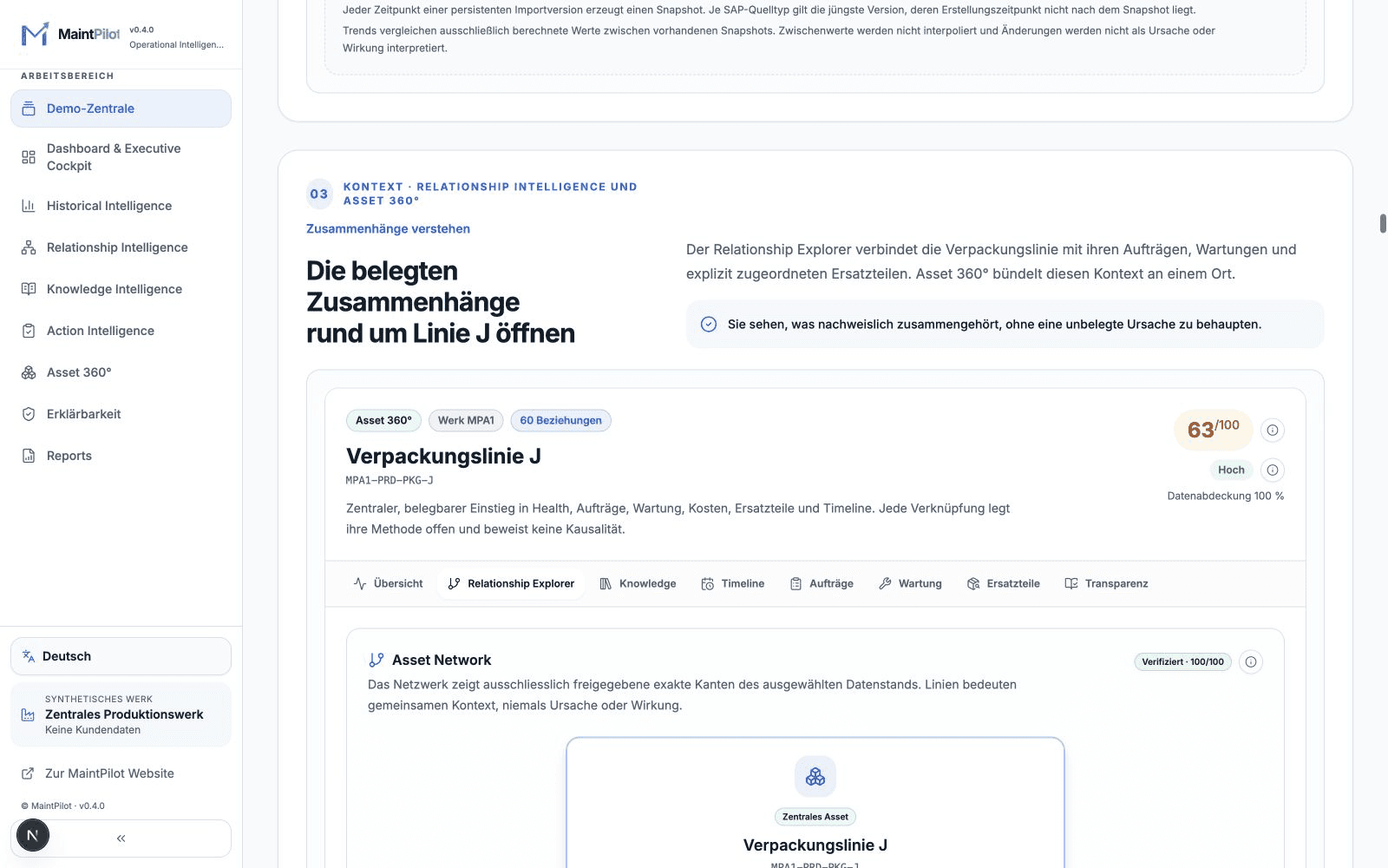 Relationship Explorer mit Beziehungen zwischen Anlagen, Aufträgen und Instandhaltungsbelegen